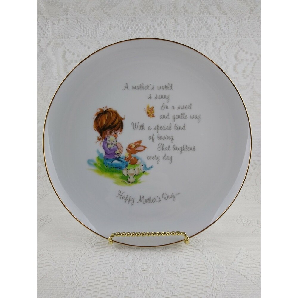 Gigi Porcelain with Bunny Cat Bluebird Undated Vintage Mothers Day Plate